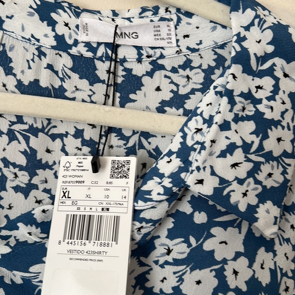 Nwt mango button front short sleeve blue white dress sz XL - Picture 3 of 4